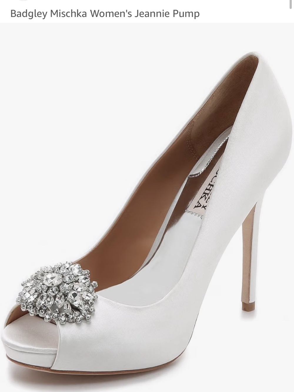 Badgley Mischka White Satin Jeannie Peep-Toe Pump with Crystal Brooch